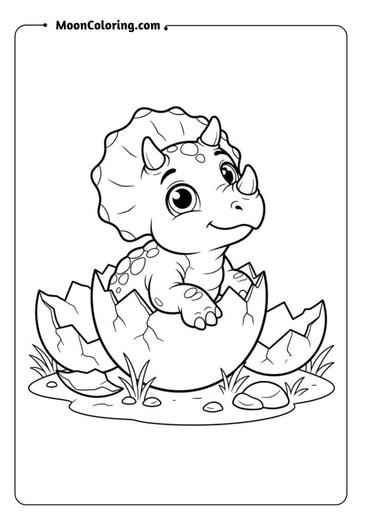 Cute baby triceratops hatching from an egg, big eyes