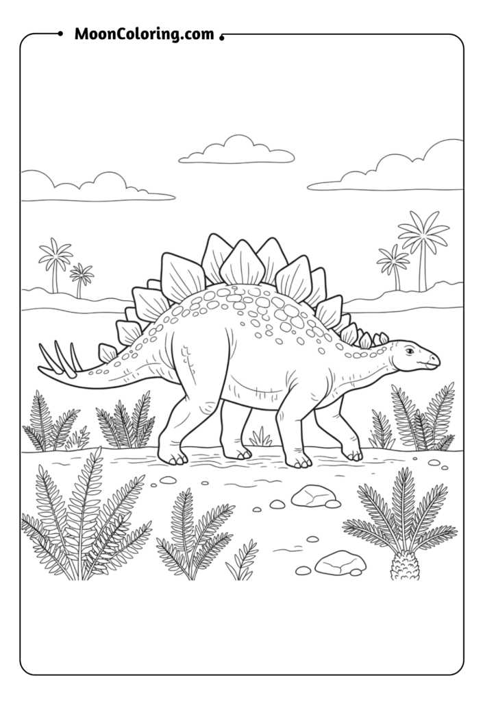 Stegosaurus walking through ferns