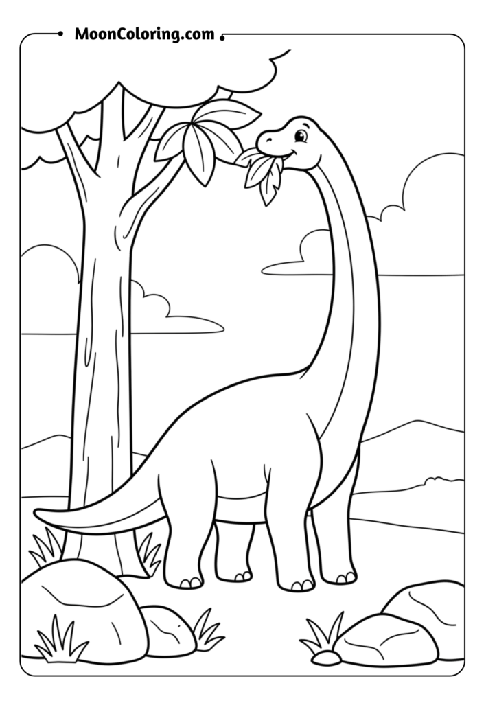Brachiosaurus with long neck reaching for treetop leaves